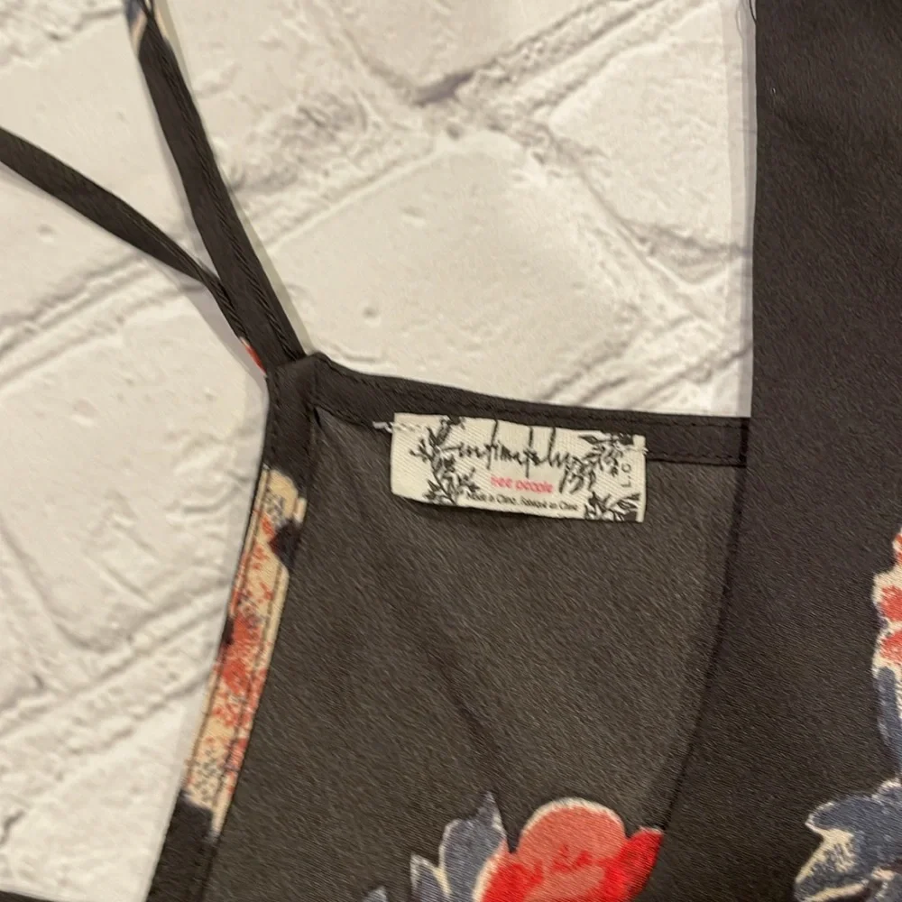Free People Black Floral Slip Dress with Red & Cream Blooms